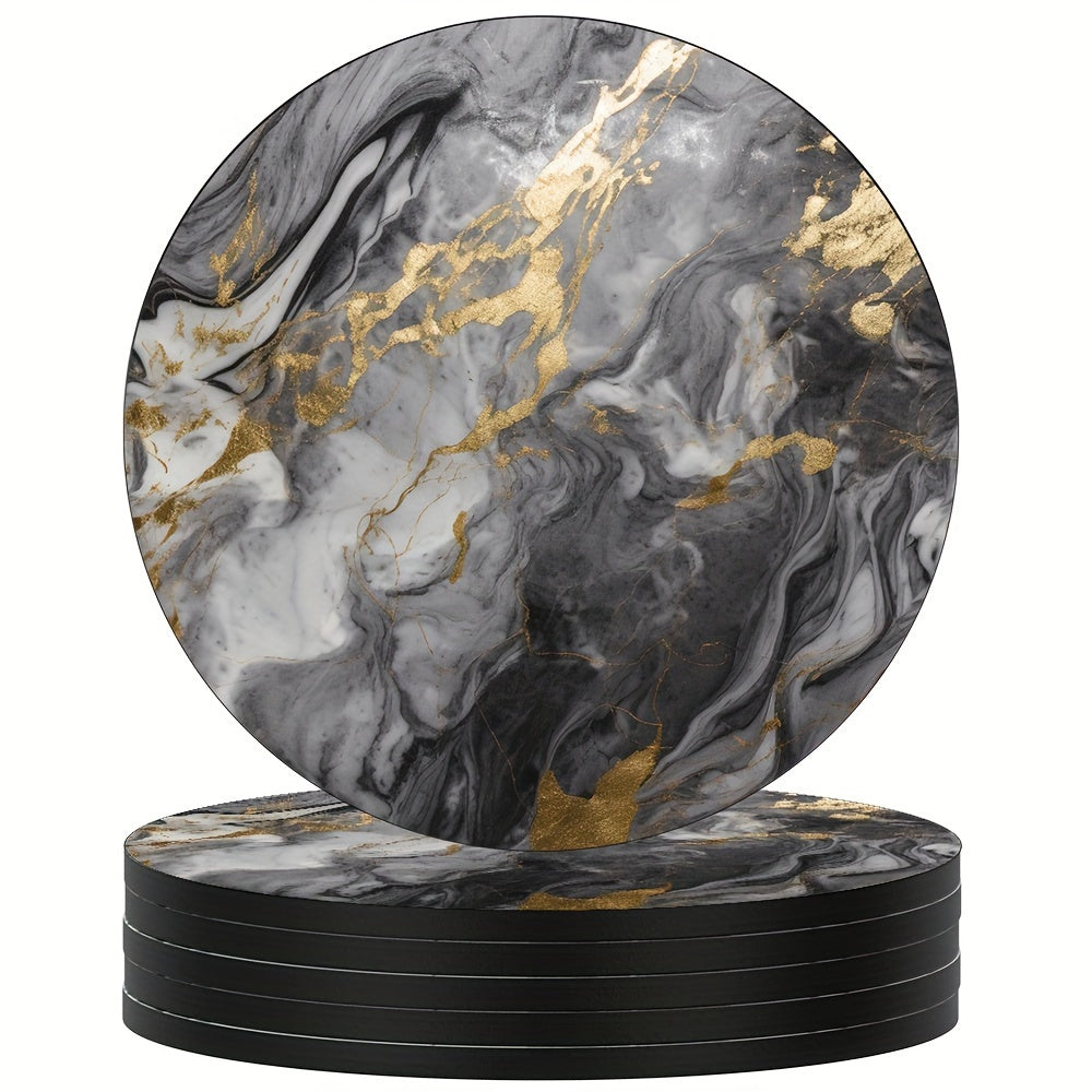 6 golden grey marbled coasters with rubber and non-slip backing, perfect for drinks and decor in your home or kitchen. Great housewarming gift.