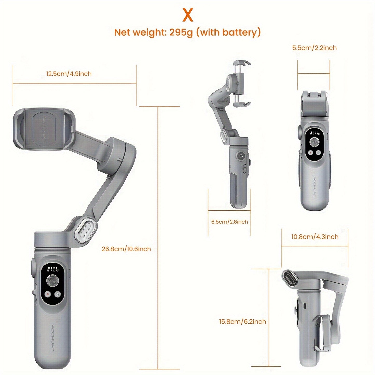 AOCHUAN Smart X Smartphone Gimbal Stabilizer with Built-in LED Light, 3-axis Foldable, Suitable for Vlogging on iPhone and Android.