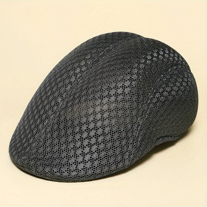 Breathable black mesh beret hat, adjustable for outdoor activities.