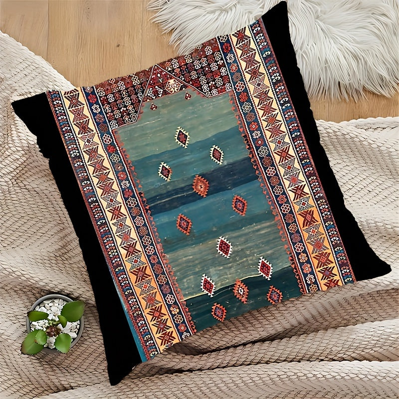 Soft polyester throw blanket with a short plush texture measuring 45.72x45.72 cm - featuring an antique Turkish Kilim design that is ideal for enhancing the décor of your living room, sofa, or bedroom. This blanket is machine washable and has a zip