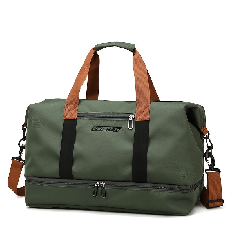 Spacious travel duffel bag with lightweight design, featuring durable zippers. Ideal for yoga, outdoor activities, and training.