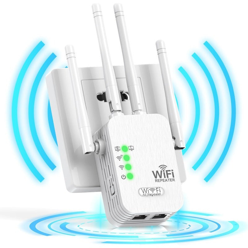 High-speed WiFi extender boosts signal over large area, supports 150 devices, dual-band for stability in home or office.