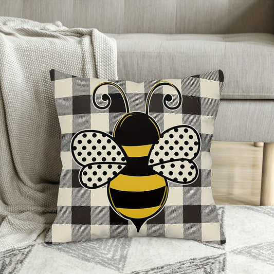 One-piece Bee Pillow Cover with Summer Polka Dots Print, Buffalo Plaid Decorative Throw Pillow Case for Home Couch Bedroom. Made of Soft Short Plush, Measures 45.72x45.72 cm.