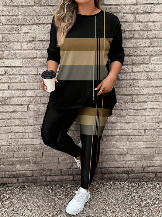 Women's chic 2pcs activewear set with striped color block top and black joggers. Made from comfortable, nontransparent polyester material. Machine washable.