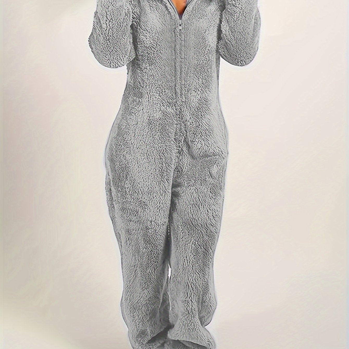 Fuzzy hooded pajama jumpsuit for music festival, comfy and cute lingerie and sleepwear.