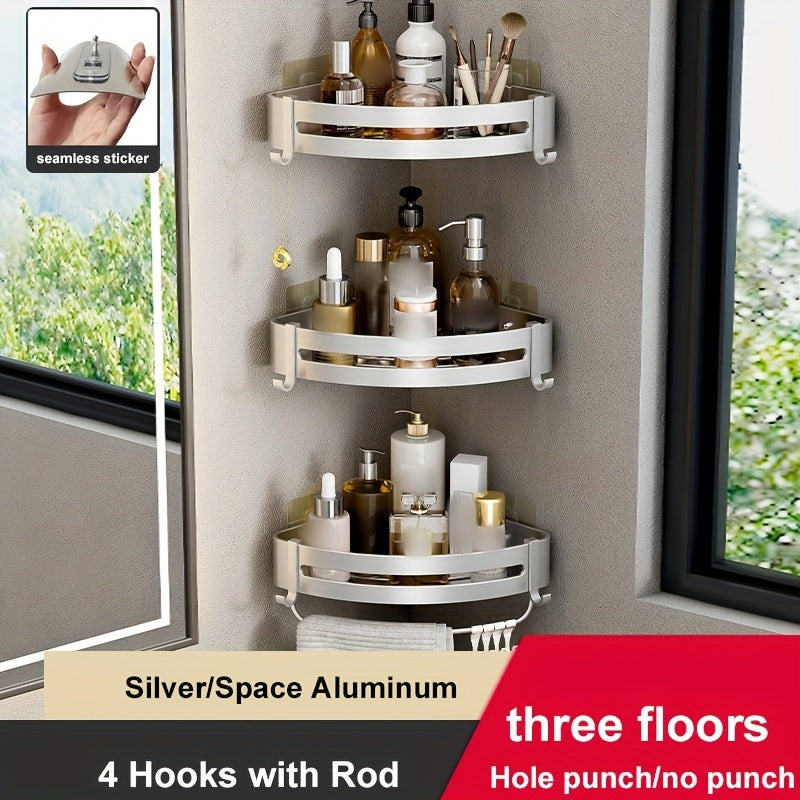 Wall-mounted bathroom storage rack for shampoo, shower gel, and cosmetics; made of space aluminum with no need for drilling.