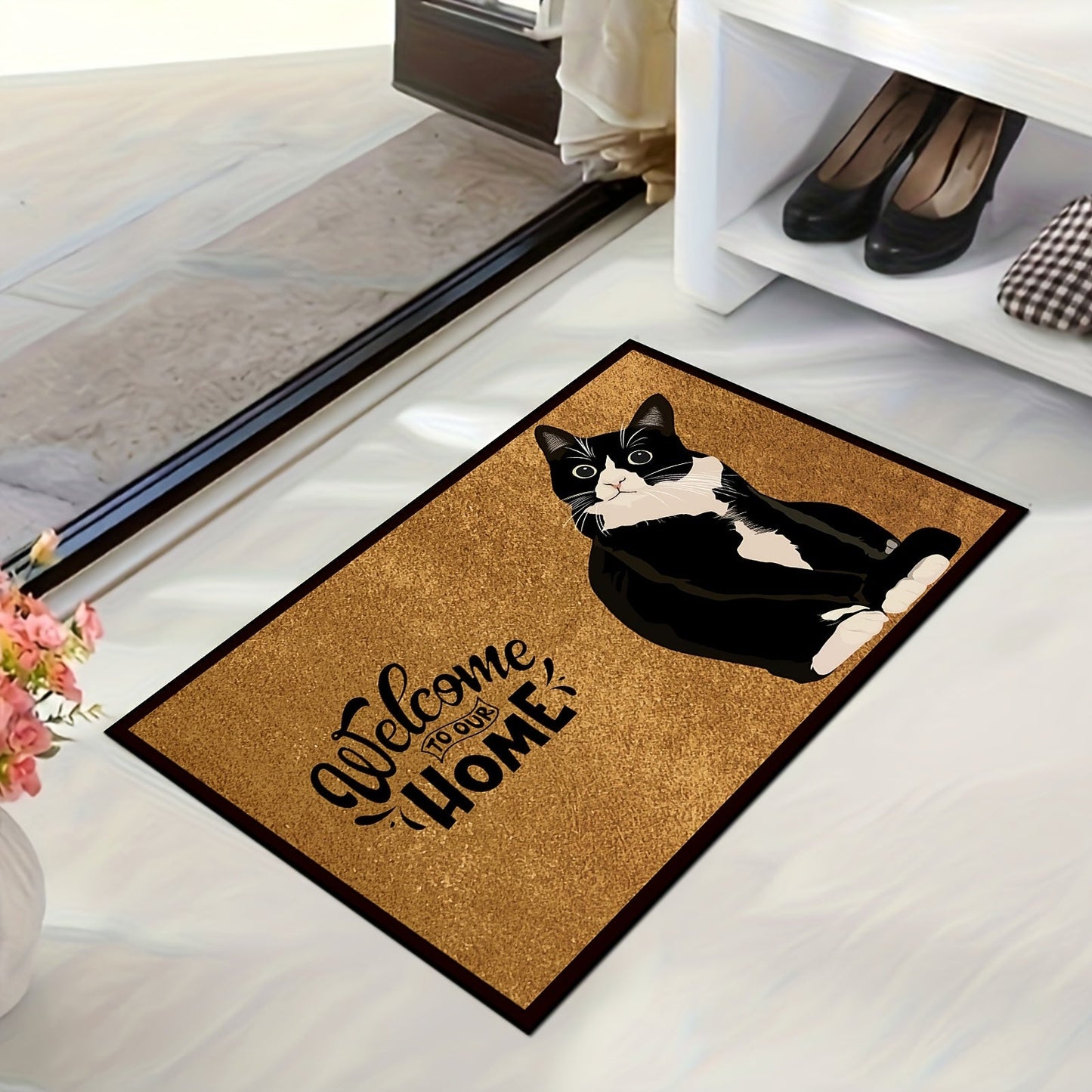 Retro Black & White Cat Welcome Doormat - 1 Piece, Made of Polyester Blend, Easy to Clean in the Washing Machine, Non-Slip Entryway Rug Ideal for Home Gaming Room Decor