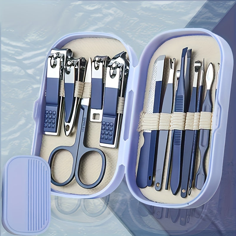 A 14-piece stainless steel manicure and pedicure set with modern concave edge nail clippers and grooming tools, including a portable storage box. A unisex odorless nail care kit.