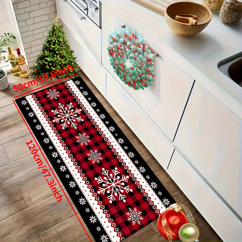 Christmas Snowflake Runner Rug in Festive Design, Non-Slip Polyester Tapestry, Machine Washable, Perfect Holiday Decor for Entryway, Living Room, Bedroom, Outdoor Patio, Garden - Features Black and Red Grid Design