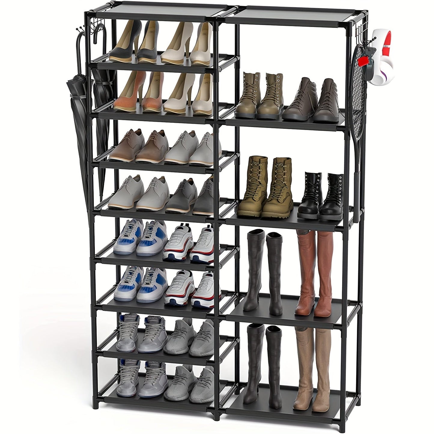 Description: This black shoe rack has a tall design with a large capacity for up to 24-35 pairs of shoes. It features two rows of multifunctional hooks for added organization and storage. Perfect for organizing your shoes in the garage or any other