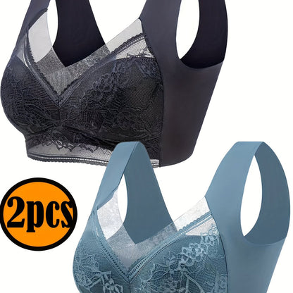 Solid Floral Lace Wireless Tank Bra with Full Coverage and Push Up for Women's Lingerie & Underwear