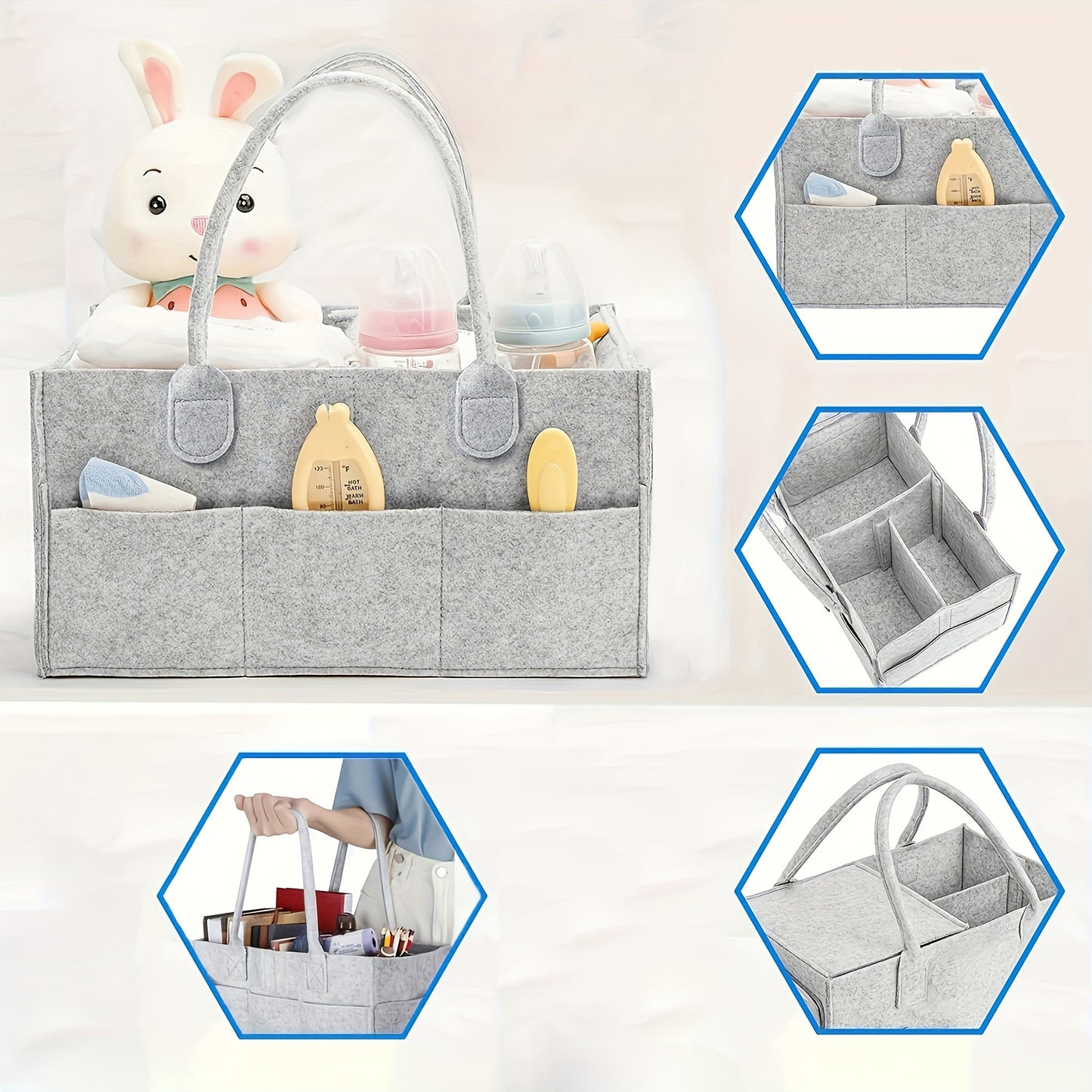 Diaper Organizer Set with Lid - Includes 1pc Felt Diaper Bag Organizer, Diaper Caddy Nursery Basket, Tote Bag, Mommy Handy Organizer, and Stroller Diaper Organizer. Portable for Car Travel in Gray - Great as a Halloween, Thanksgiving, or Christmas Gift!