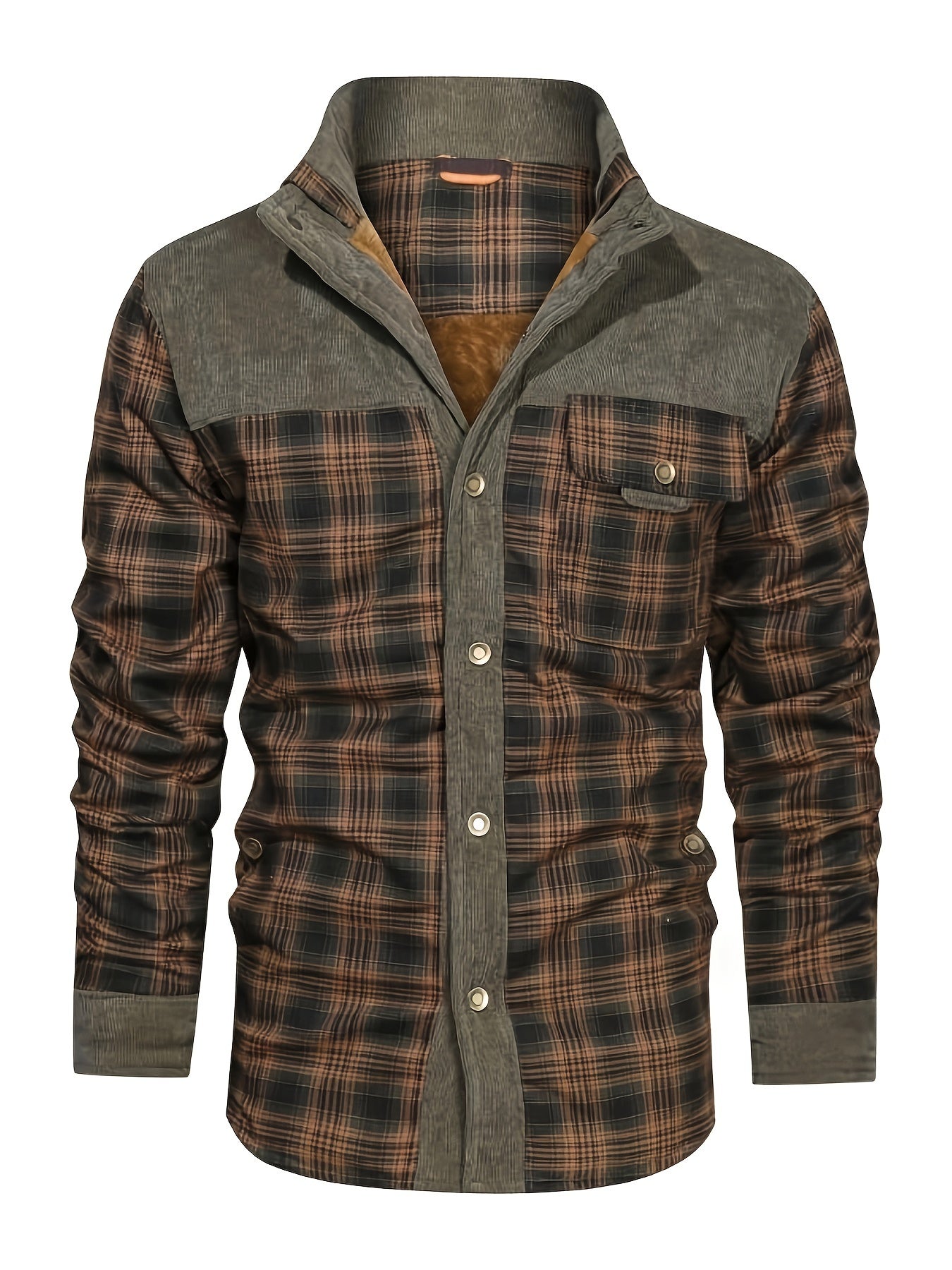 Men's Plaid Fleece-Lined Jacket - Button-Up Shacket, Fall/Winter Long Sleeves, Brown & Gray