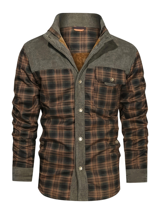 Men's Plaid Fleece-Lined Jacket - Button-Up Shacket, Fall/Winter Long Sleeves, Brown & Gray