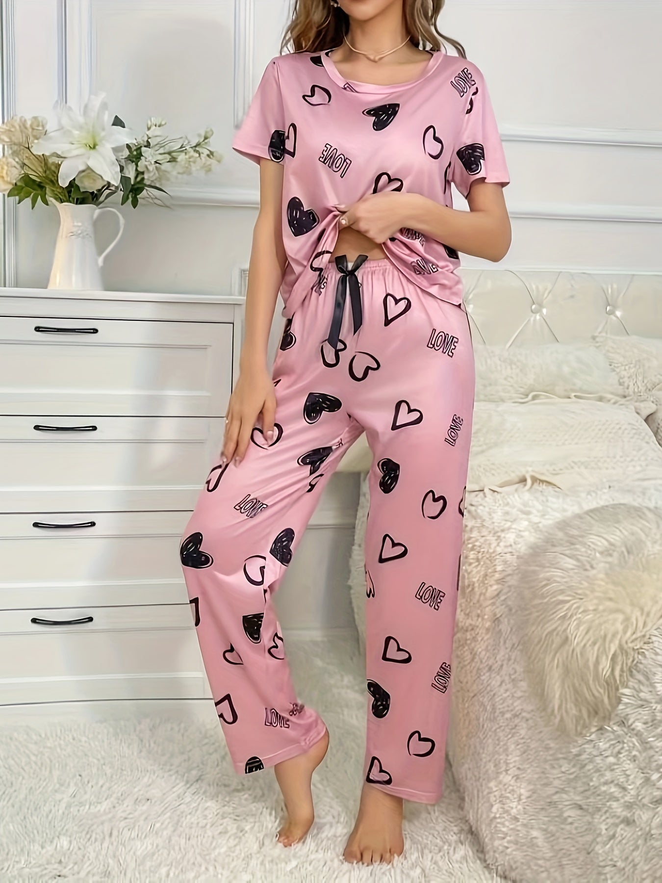 Valentine's Day Pajama Set: Heart & Letter Print, Short Sleeve Top & Elastic Pants, Women's Sleepwear & Loungewear.