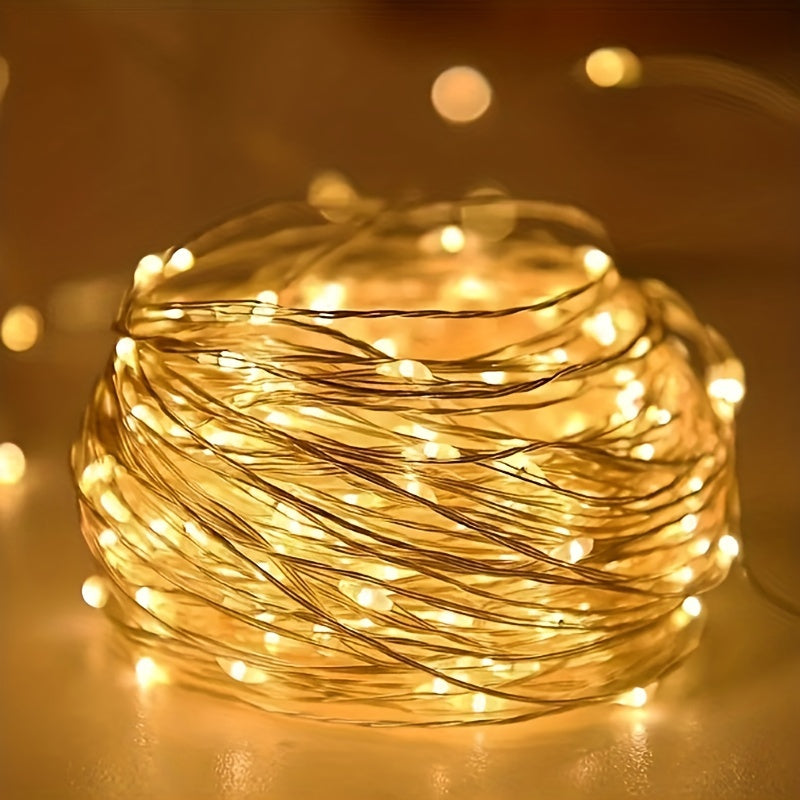 Battery powered LED fairy string lights in copper wire available in 30, 50, and 100 LED options for party and Christmas decor, no plug needed.