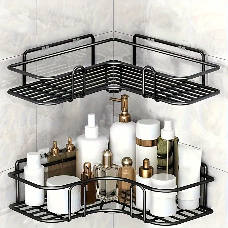 Compact black metal storage rack for bathroom and kitchen. Easy to install, no drilling necessary. Durable wall-mounted shelf with 2-tier design for organizing toiletries and essentials.