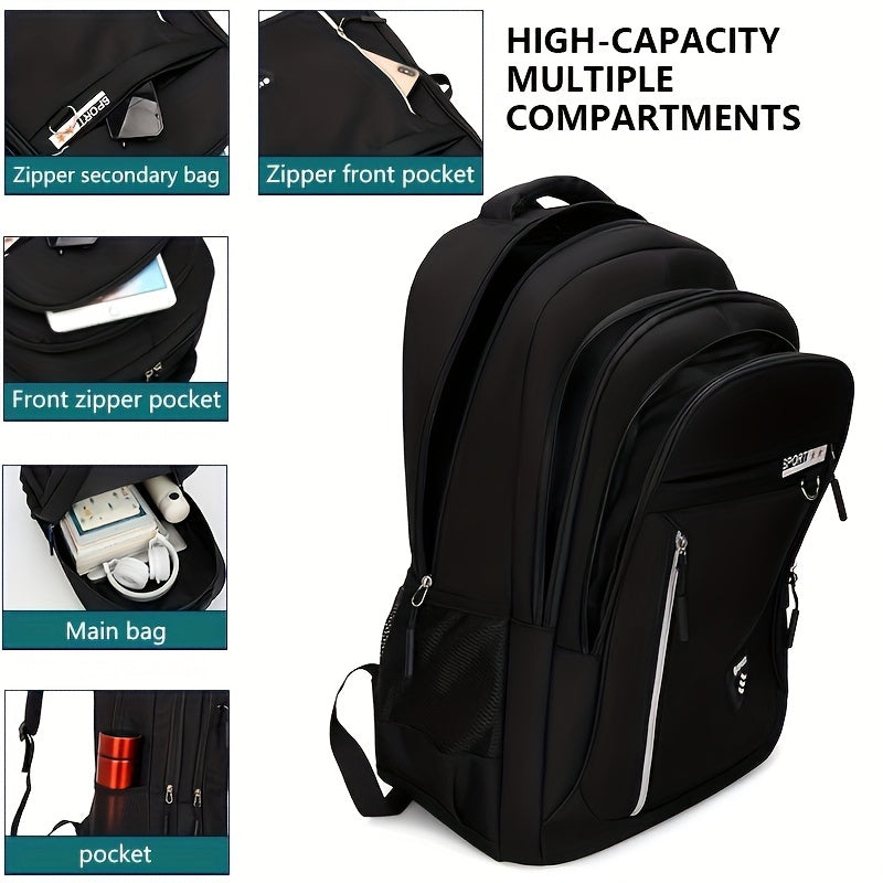 Durable nylon backpack with laptop compartment for students, easy to clean and ideal for school.