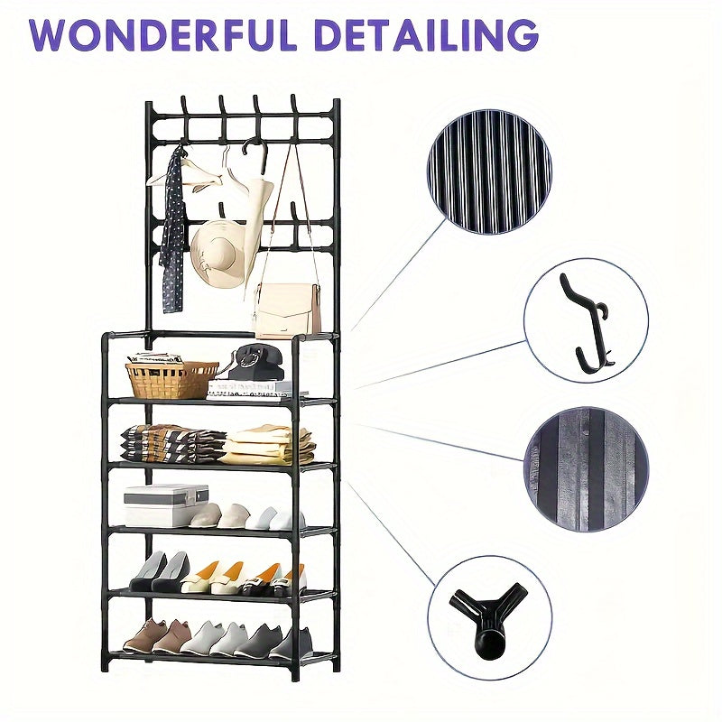 Multi-functional Entryway Organizer - Metal Rack with Hooks for Jackets and Shoes, perfect for storing Clothes, Hats, Bags, and Umbrellas. Great for organizing in your Home, School, or Classroom.