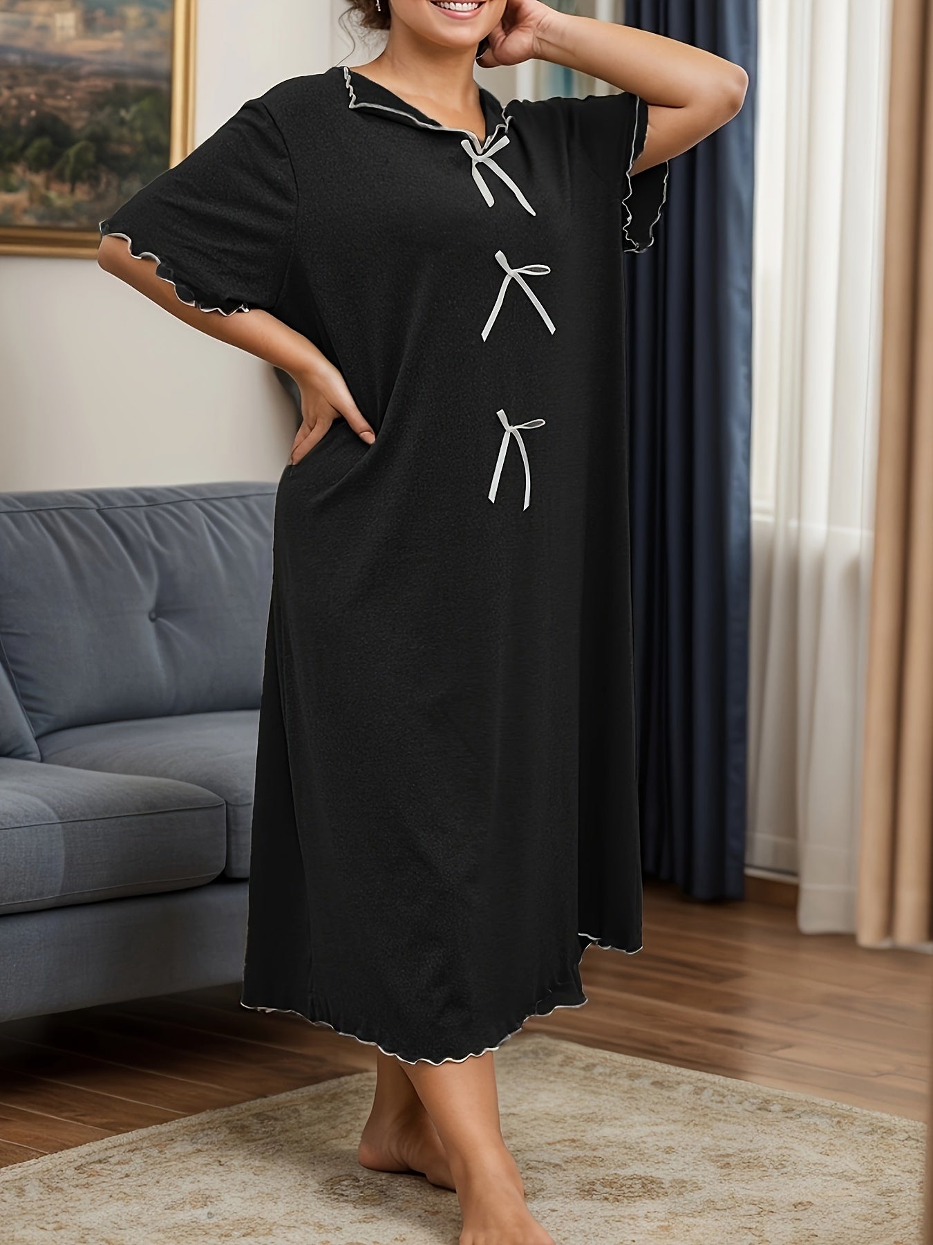 Plus size casual sleep dress with bow decor and short sleeves.