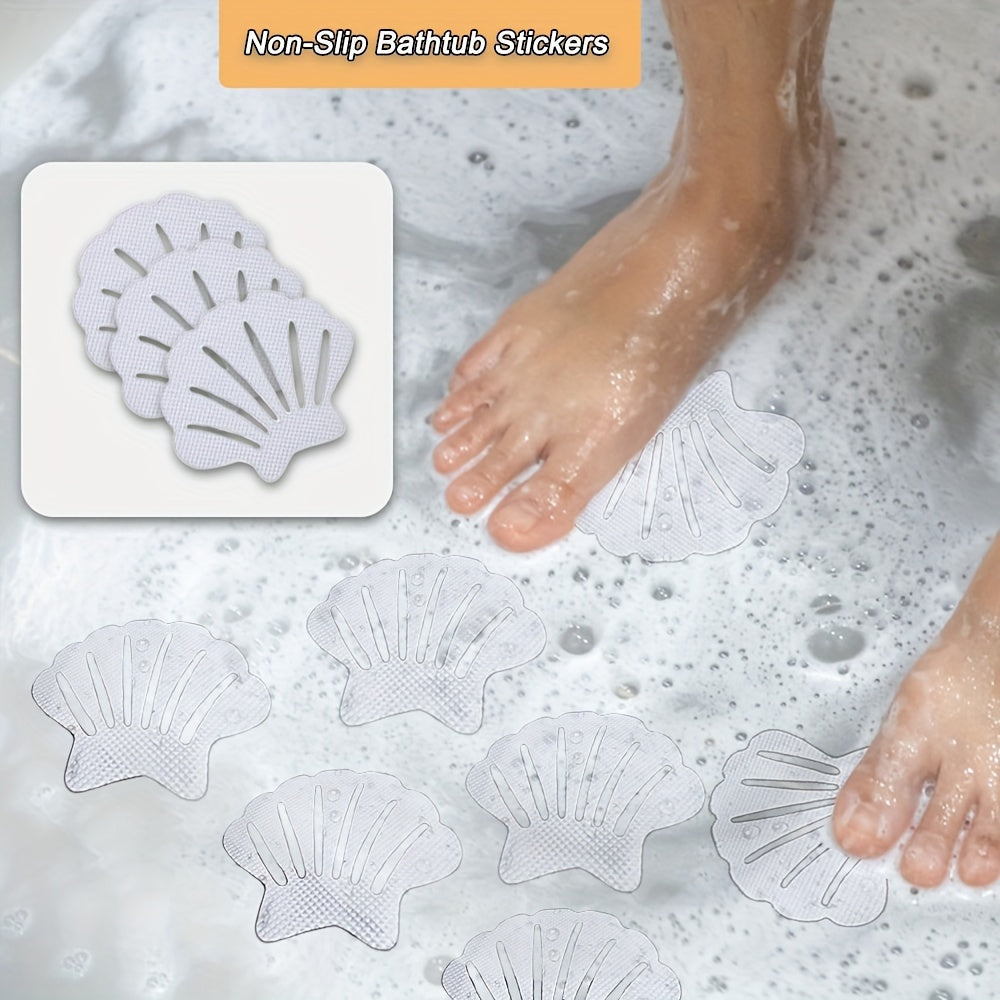 Non-slip bathtub stickers available in sets of 3, 12, or 24, featuring transparent shell shapes for use in bathtubs, shower floors, stairs, and ladders.