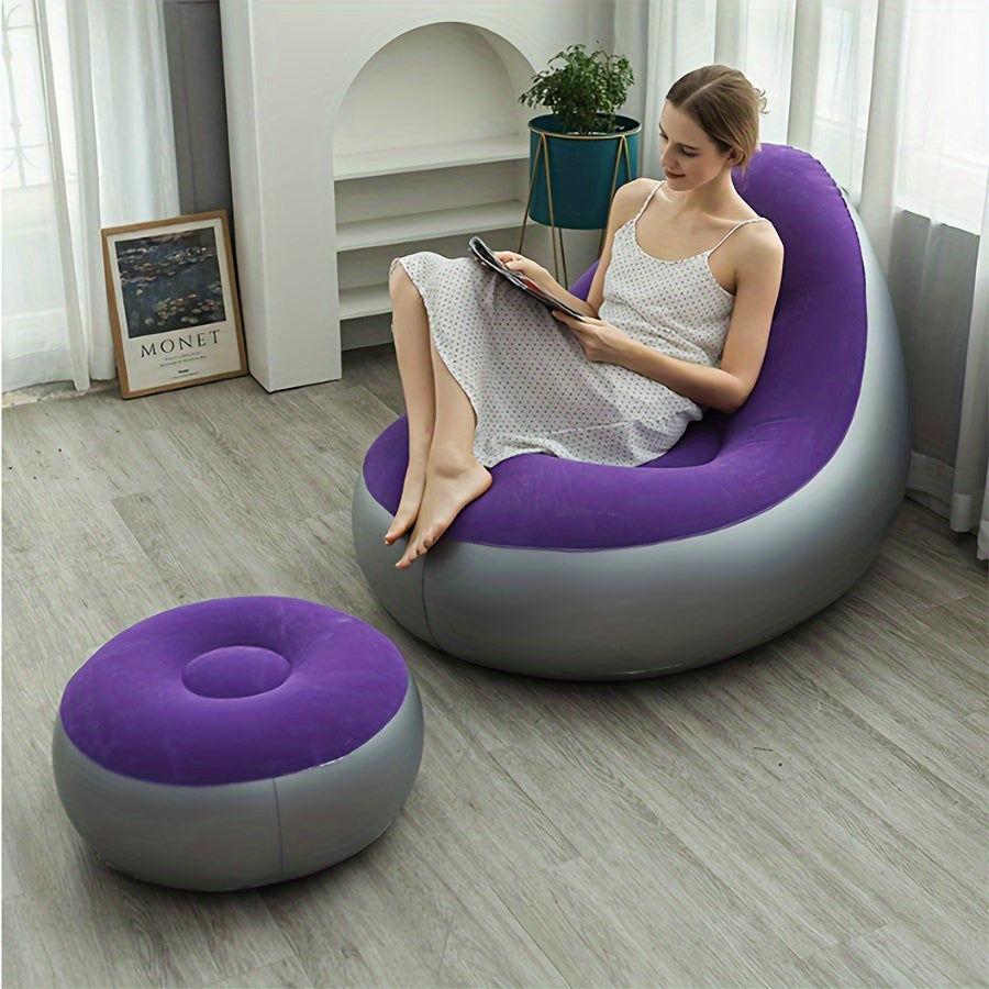 Grey Velvet Portable and Foldable Plush Inflatable Sofa with Footstool for Single Person - Perfect for Indoor and Outdoor Sunbathing, Suitable for Various Room Styles - Inflatable Furniture.