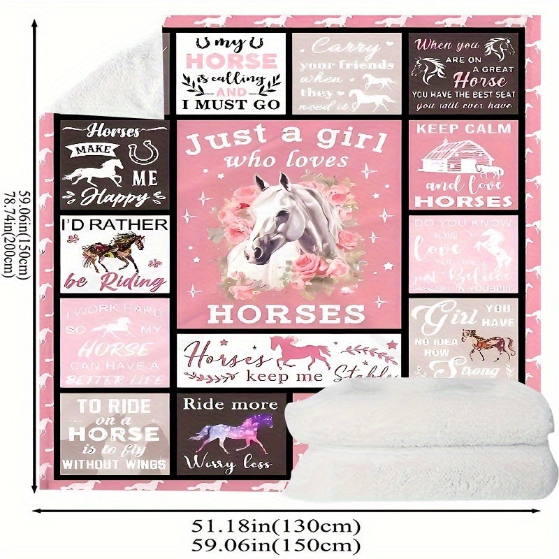 Elegant Horse-Inspired Flannel Throw Blanket in Glam Style - Perfect for Horse Lovers' Birthdays! Made of 100% Polyester, Hypoallergenic, All-Season, Knitted Design with Digital Print. Recommended for Dry Cleaning. Great Equestrian Gift Idea for Girls