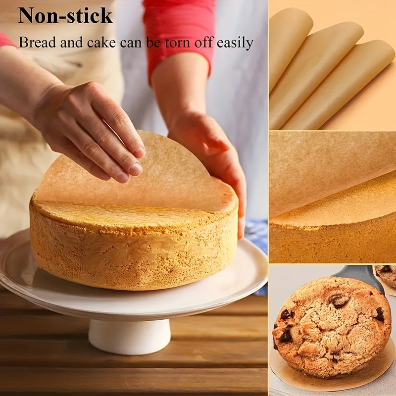 Pre-cut double-sided silicone non-stick baking papers available in packs of 50 or 100, suitable for baking, air frying, steaming, and microwaving. Comes in 6-inch, 8-inch, and 9-inch sizes for heavy-duty use.