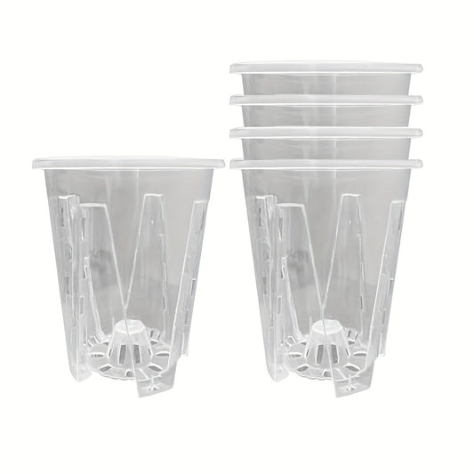 Clear plastic orchid pots with drainage holes, suitable for orchids, succulents, and other indoor or outdoor plants. Pack of 5.