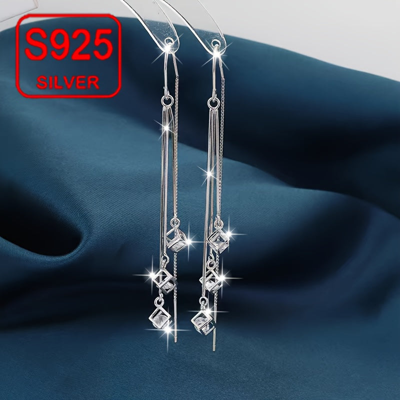 A pair of women's fashion draped earrings with long tassel and curved hook square ear line design, perfect for a summer seaside wedding. Made of hypoallergenic 925 silver, weighing 3.2g, these earrings are a great gift for daily wear, weddings, banquets