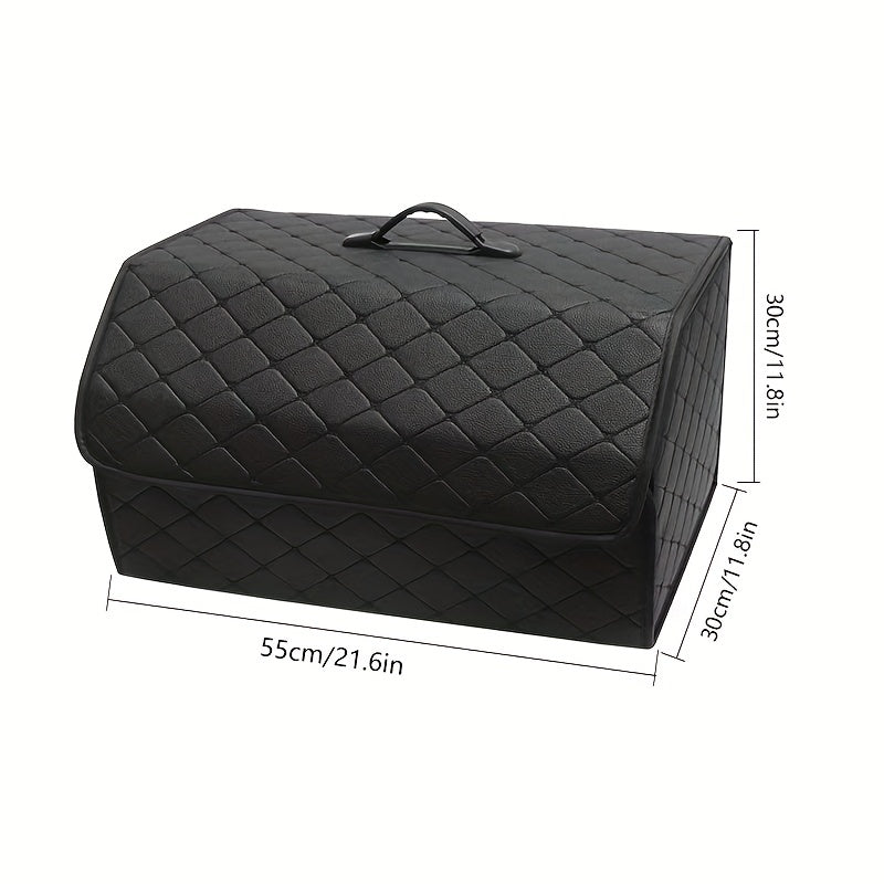 Premium PU leather car trunk organizer with collapsible cargo storage box and tension mount. Multi-functional for toys, food, and more with sleek black design and diamond-stitched pattern.