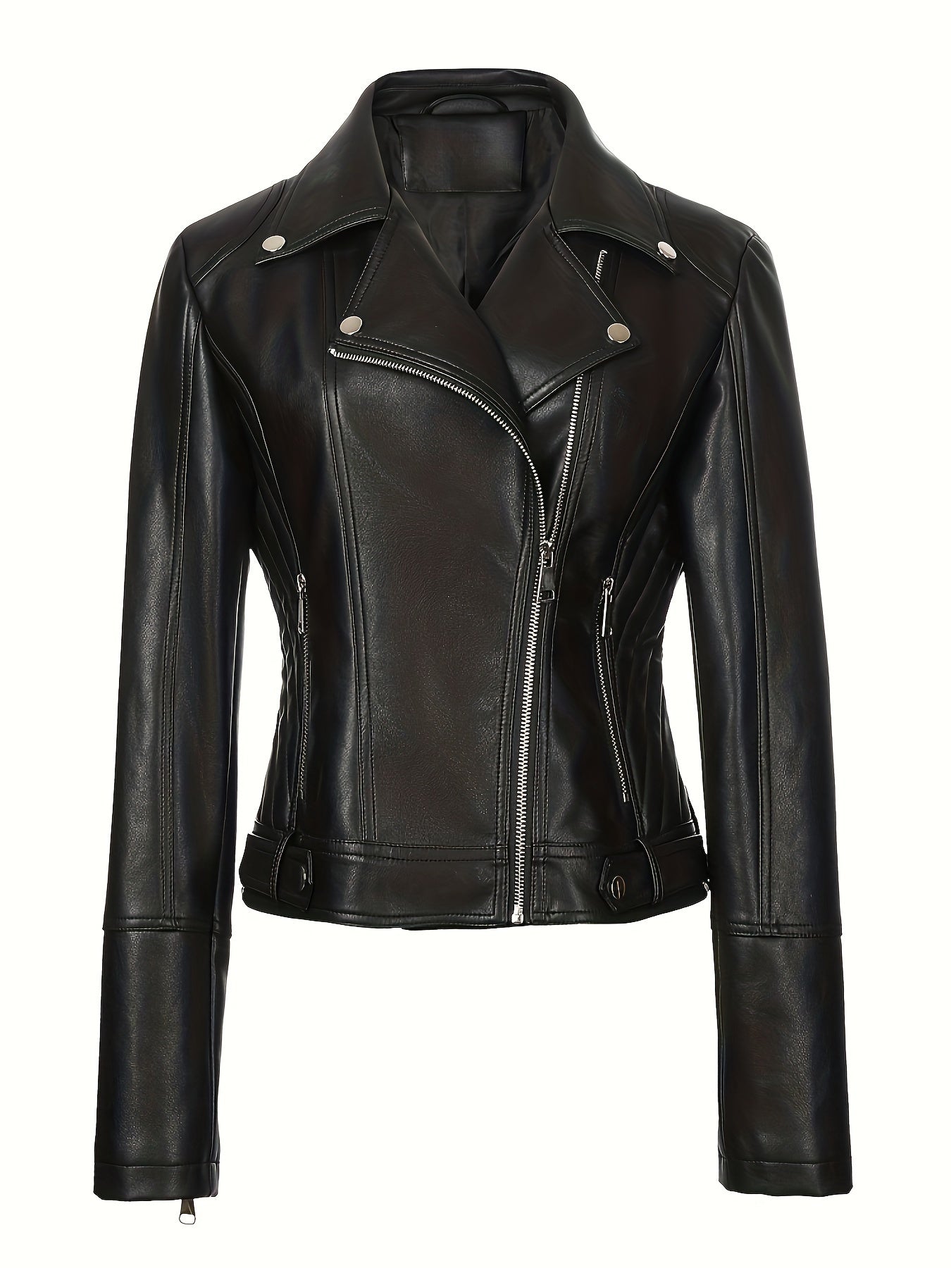 Faux leather biker jacket for women, sexy skinny fit with street style, non-stretch solid color, regular length with zipper detail, lined with woven polyester for spring/fall.