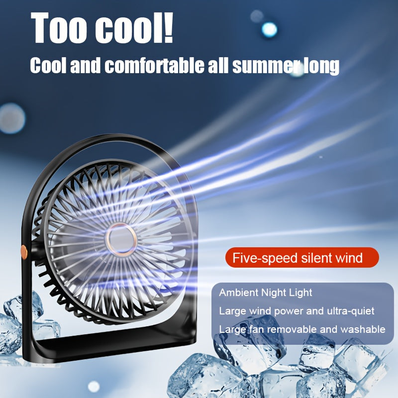 Rechargeable Portable USB Desk Fan with LED Night Light - Features Long-Lasting Battery, 5 Speeds, Quiet Operation - Ideal for Home, Office, Bedroom, Kitchen, Outdoor Camping & Fishing