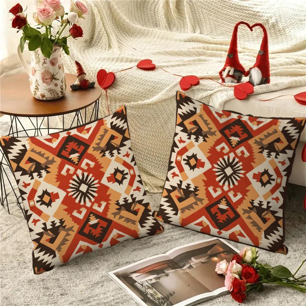 Modern Bohemian Retro Geometric Flannel Pillow Covers, 2-Pack, 45.72x45.72 cm, Zipper Closure, Machine Washable, Ideal for Back Sleepers, Sofa and Outdoor Tent Decor, All-Season Square Cushion Cases (Pillow Inserts Not Included)