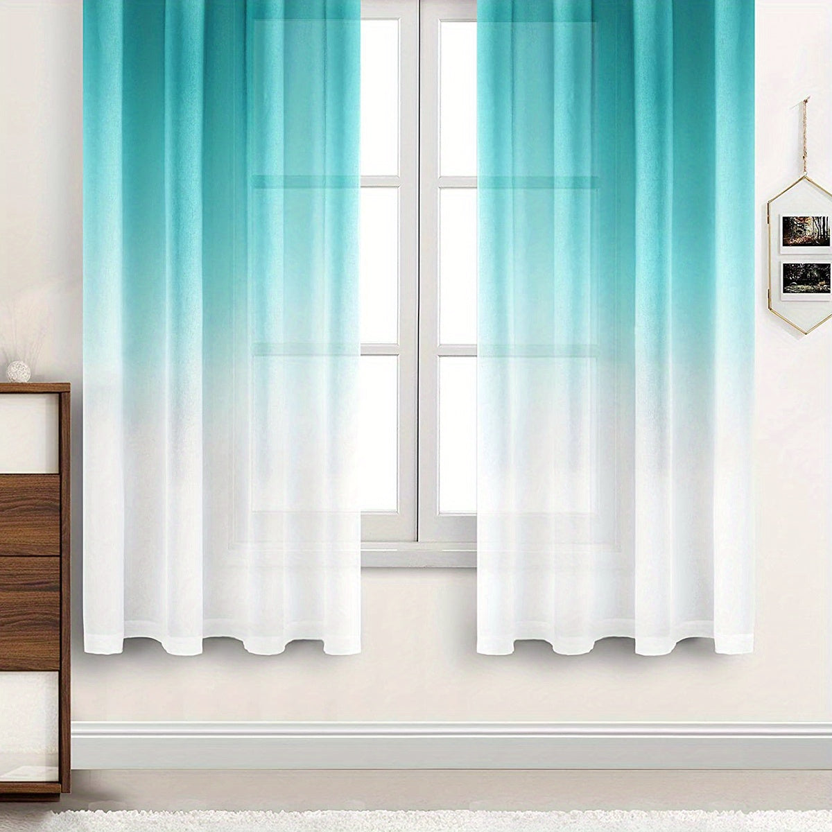 One Simple Gradient Sheer Curtain and One Printed Curtain Set for Rod Pocket Window Treatment in Bedrooms, Offices, Kitchens, Living Rooms, Studies, and Home Decor