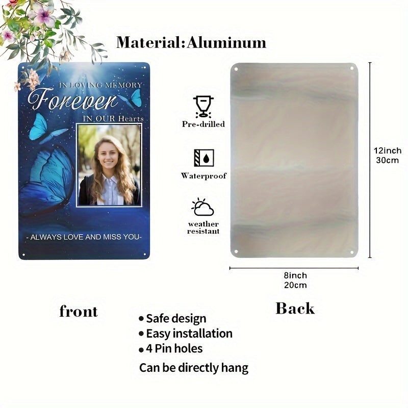 Customize a special aluminum plaque in loving memory of a cherished one. This weather-resistant keepsake features a custom photo and heartfelt tribute, measuring 30.48x20.32 cm for indoor or outdoor display. An ideal gift for family and friends to keep