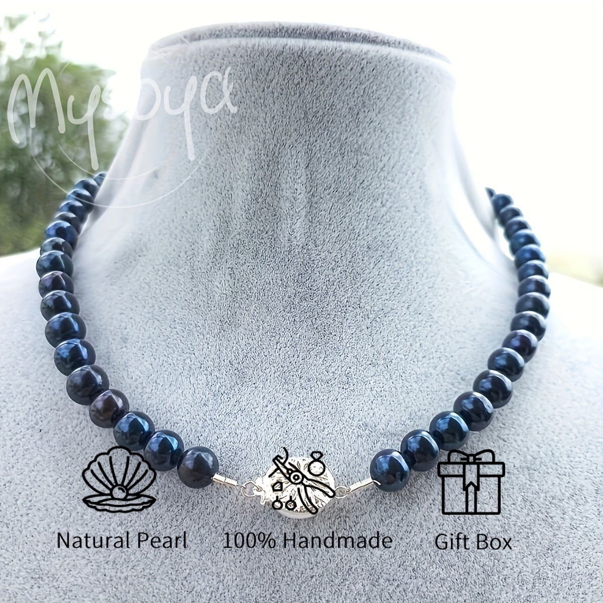 Deluxe Midnight Blue Freshwater Pearl Necklace, featuring 8-9mm Natural Pearls and a Silvery Flower Clasp. June Birthstone, suitable for both Daily Wear and Special Occasions. Comes in a Gift Box, making it a perfect Valentine's Day gift for Him or Her.