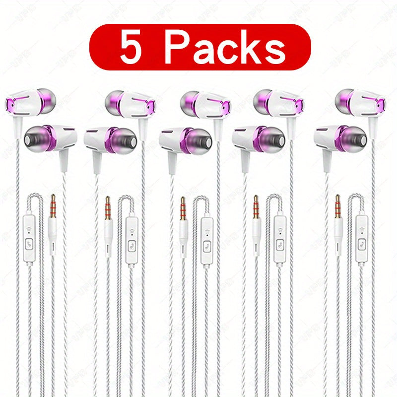 6-pack wired earphones with microphone, in-ear headphones featuring noise reduction, call and bass capabilities, stereo sound, and mixed colors. Compatible with iPhone, iPod, iPad, MP3