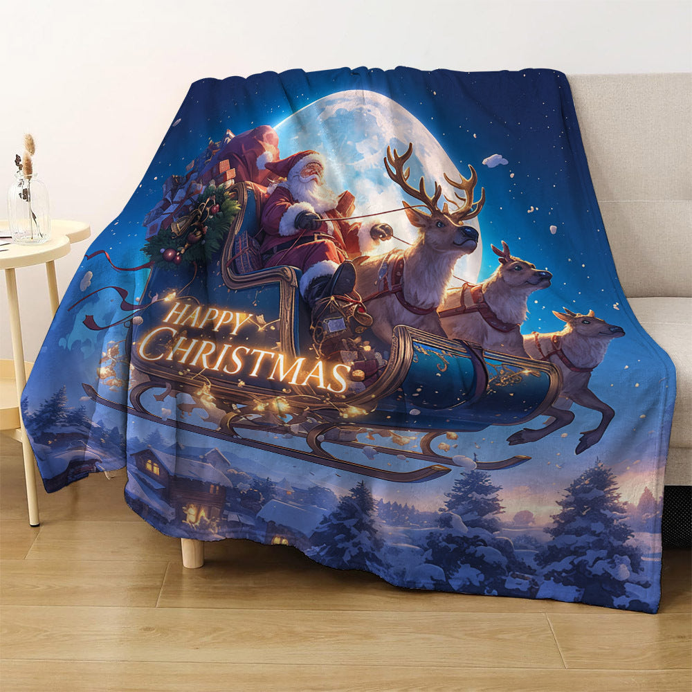 Modern Santa Sleigh Christmas Print Flannel Fleece Throw Blanket - Hypoallergenic, All-Season, Versatile, Made of Woven Polyester for Travel, Camping, and Napping - Perfect Holiday Gift