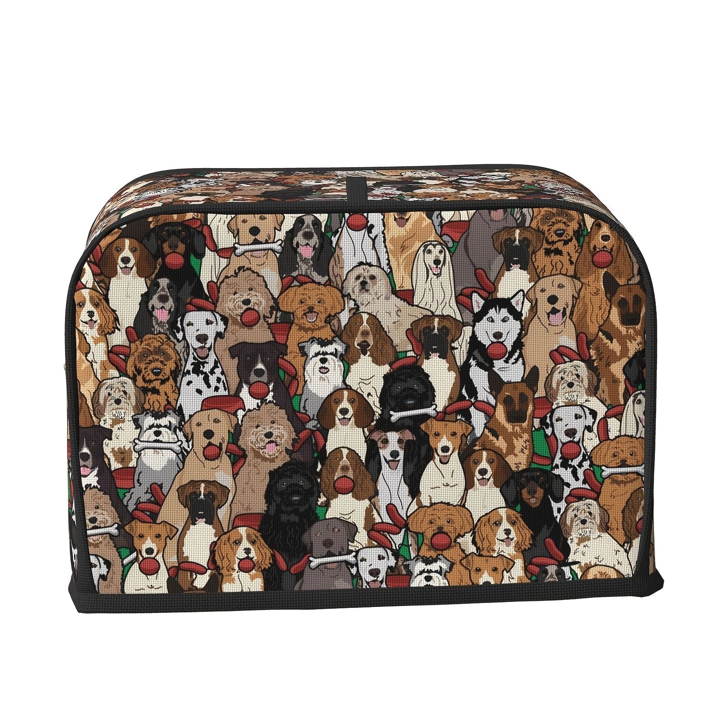 This toaster cover has a cute cartoon dog design with animal elements, perfect for protecting your appliance from dust and fingerprints. It's machine washable and fits a two-slice toaster, making it a convenient and easy-to-clean kitchen accessory.