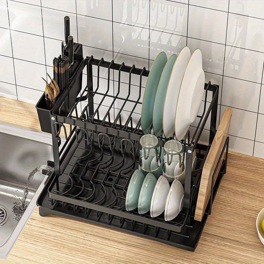 Modern Metal Kitchen Dish Drying Rack featuring Utensil Holder and Drainboard - Versatile Countertop Storage Organizer for Dishes, Knives, and Flatware - No Electricity Needed