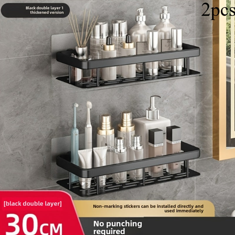 Two pieces of Corner Shower Caddy with Adhesive No-Drill feature that serves as a Bathroom Organizer. Made from Rust-Proof Plastic Material, this Wall-Mounted Storage Shelf comes with 2 Hooks for Shower Organization. No Electricity Required.