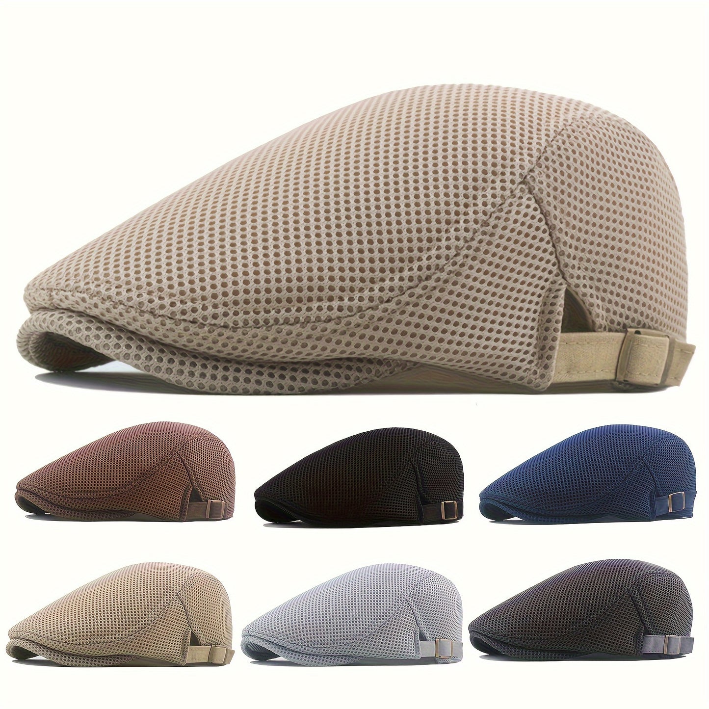 Men's fashion mesh newsboy cap with hollow-out design, adjustable size, and breathable sun protection. Made of polyester material, perfect for a street style look. Ideal gift for holidays.