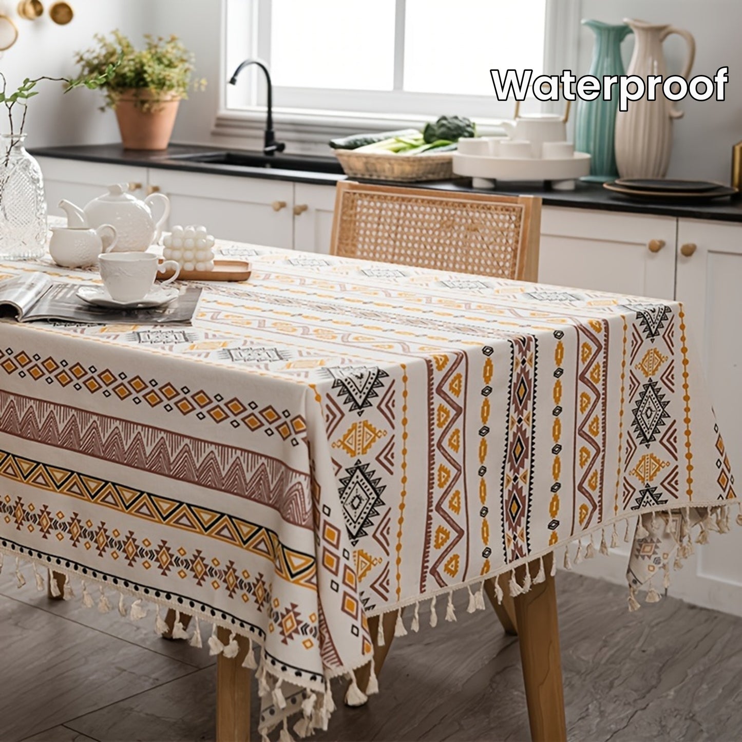 Boho style rectangular tablecloth with tassels - waterproof and oil proof for home decor.