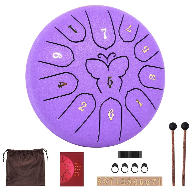 Steel Tongue Drum with 11 Notes, 15.24 cm for Sound Healing and Meditation, includes Carry Bag, Music Book, Sticks, and Accessories.