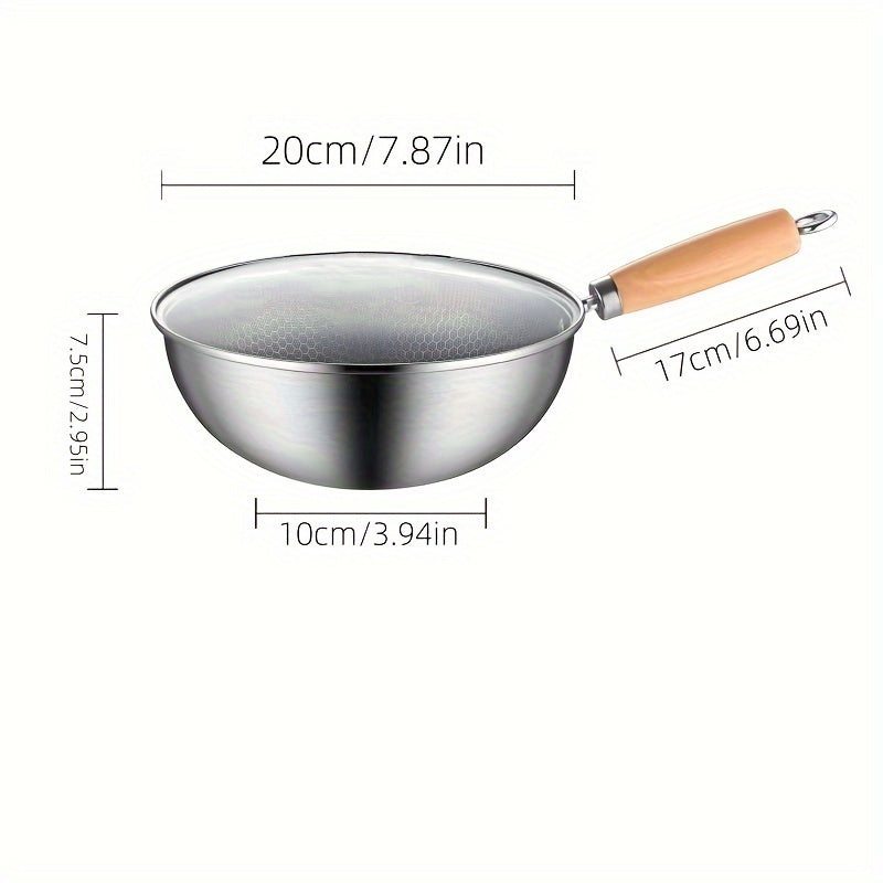 Stainless Steel Chef's Pan with Honeycomb Non-Stick Coating, 20cm Mini Wok with Wood Handle - Ideal for Home Kitchen or Restaurant Cooking, Compatible with All Stovetops