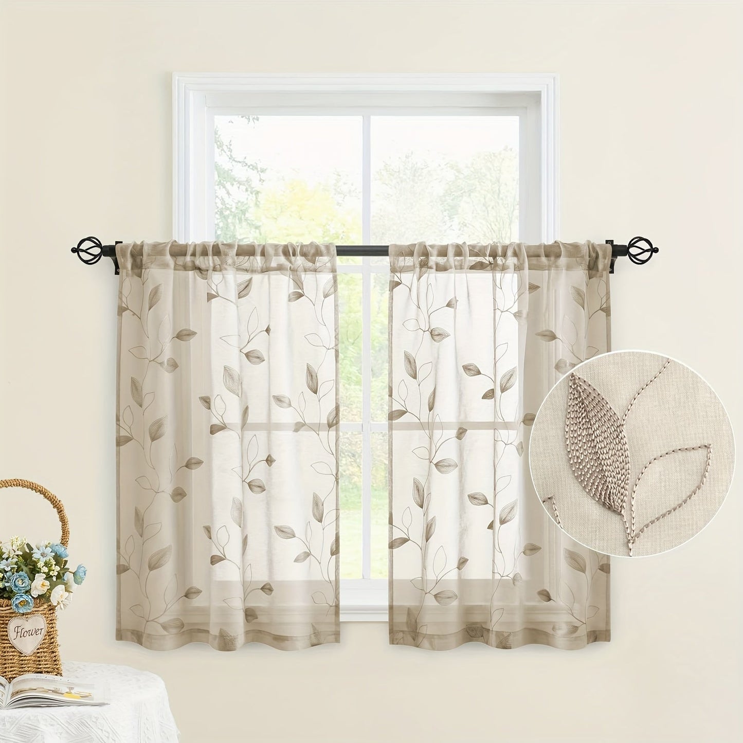 Two pieces of garden-style sheer curtains with an embroidered leaf pattern, featuring a rod pocket design. Made of polyester, these drapes are perfect for bedrooms, living rooms, and kitchens. They are machine washable and suitable for all seasons