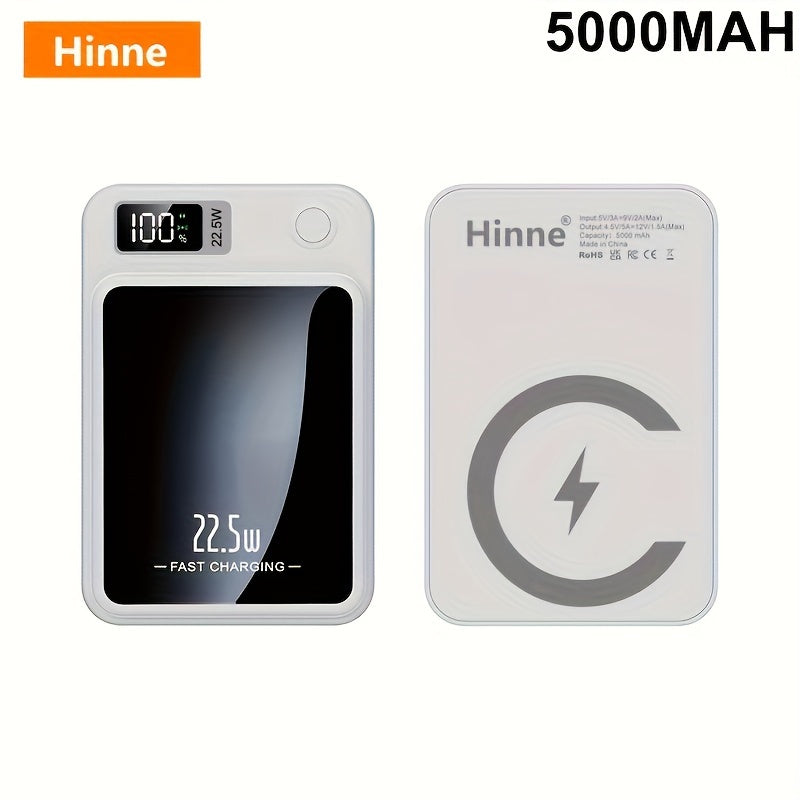 5000/10000mAh Hinne Mobile Power Bank with Super Fast Charge, Wireless Charging, LED Display, and Outdoor Emergency Backup.