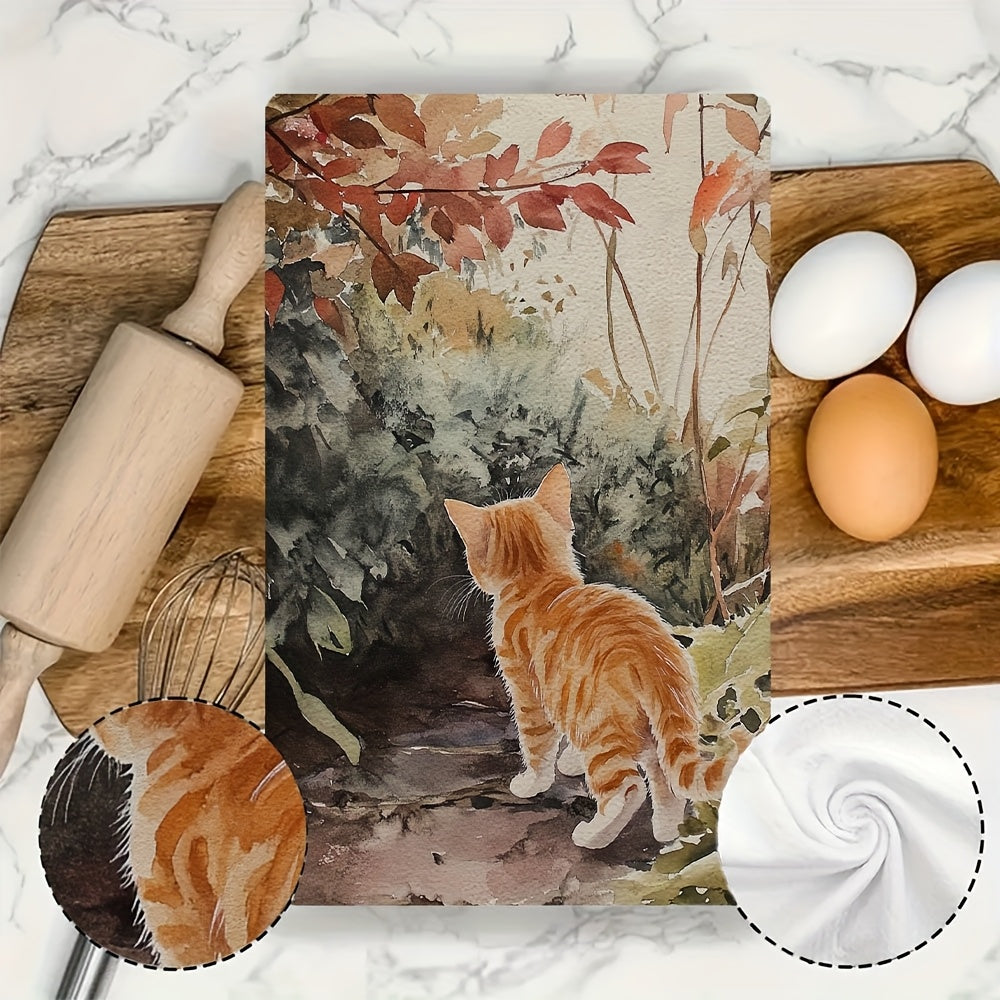 Set of 2 Ultra Soft Kitchen Towels featuring "Curious Kitten in Garden" Design. These towels are highly absorbent, machine washable, and have a contemporary style. Each towel measures 40.64x60.96 cm, perfect for use as dish hand towels.