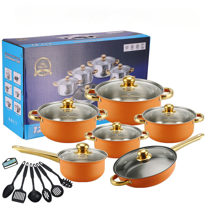 Cook with ease using this 18-piece premium stainless steel cookware set, complete with non-stick pots, golden handles, and utensils. Perfect for steaming, frying, and boiling, this essential kitchen gear is durable and stylish. Upgrade your cooking tools